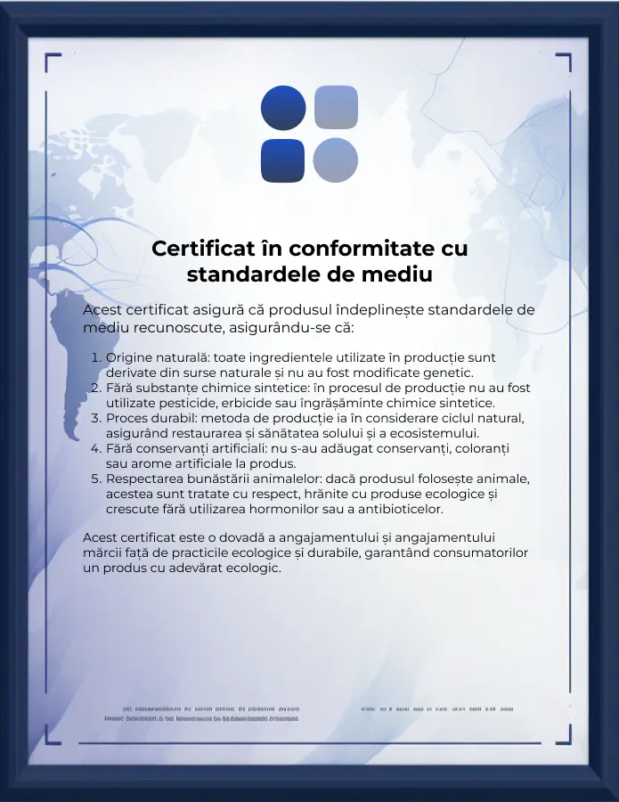 certificat de conformitate cu standardele organice